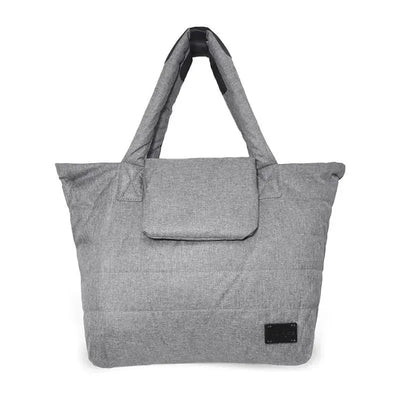 Heather grey Capri diaper bag tote with a padded structure, large main compartment, and dual handles for easy carrying.