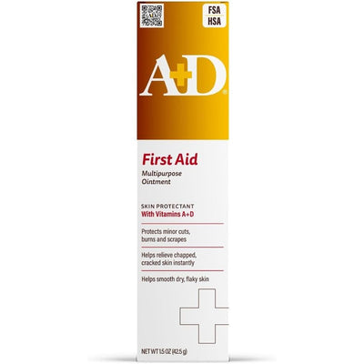 A+D First Aid Multipurpose Ointment skin protectant with vitamins A+D tube packaging.