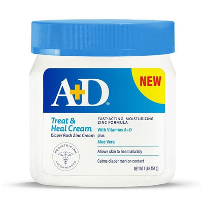 A+D Treat & Heal Diaper Rash Cream in a 16oz white jar with a blue lid, features text about its ingredients and benefits.