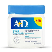 A+D Treat & Heal Diaper Rash Cream in a 16oz white jar with a blue lid, features text about its ingredients and benefits.