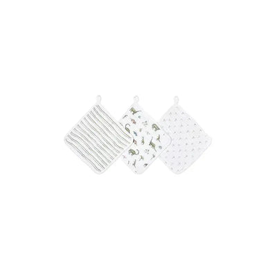 Three washcloths from the Aden + Anais Dino Jungle set, featuring striped, dinosaur print, and textured designs.