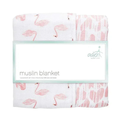 Muslin blanket by Aden featuring pink swans and a geometric pattern, folded with packaging label visible.