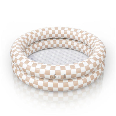 Small inflatable pool by Ali + Oli, featuring a tan checkered design and measuring 35 inches in diameter.