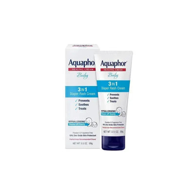 Aquaphor Baby Healing Ointment in a 3.5 oz tube, labeled as 3 in 1 Diaper Rash Cream, prevents, soothes, and treats skin issues.