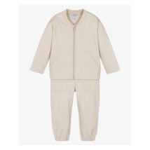 Beige tracksuit for baby boys featuring a zip-up jacket with a logoed pocket and matching pants with elastic cuffs.