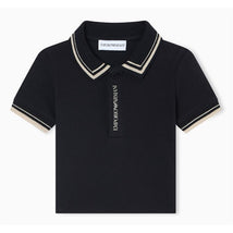 Navy short sleeve polo shirt for baby boys by Armani, featuring a contrasting piped collar and embroidered logo.