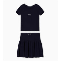 Navy short sleeve pleated dress for baby girls, featuring a ribbed texture and logo detailing.