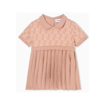 Pink pleated dress for baby girls with a collar and EA logo pattern on the top half.