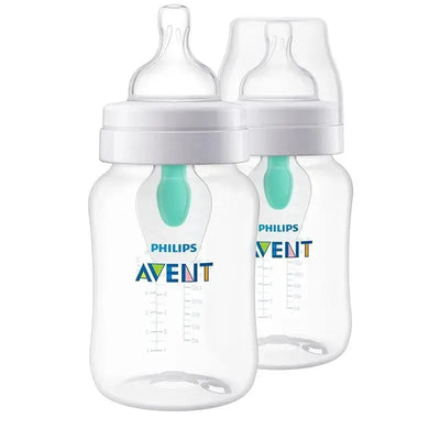 Two 9oz Philips Avent anti-colic baby bottles with clear bodies and Airfree vent, featuring a turquoise nipple.
