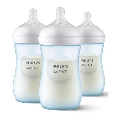 Three Philips Avent 9oz baby bottles with natural response nipples, featuring a blue base and clear bodies.