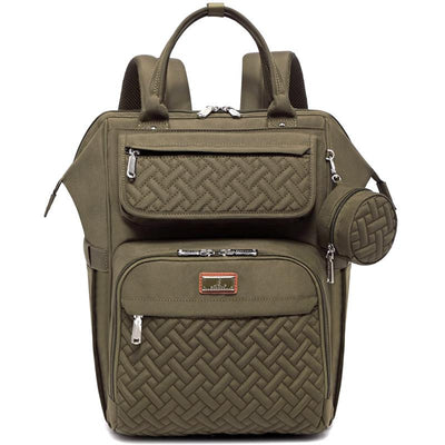 Army green diaper bag and laptop backpack featuring multiple zippered compartments and a woven texture design.