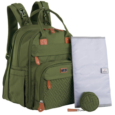 Forest green BabbleRoo baby bag tote with changing pad, featuring leather accents and a compact storage pouch.