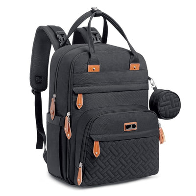 Black travel baby bag with multiple compartments, faux-leather accents, and detachable pouch for essentials.