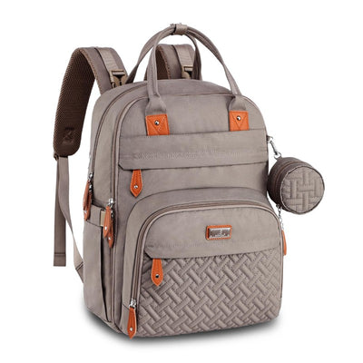 Khaki BabbleRoo travel essential baby bag featuring brown accents, multiple pockets, and a detachable round pouch.