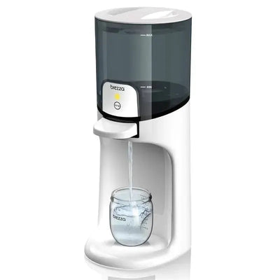 Baby Brezza Instant Warmer dispenses water into a clear jar, featuring a gray reservoir and a white base.