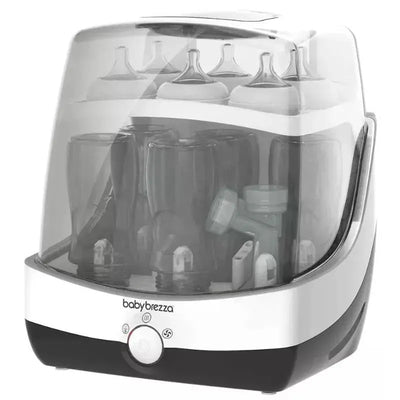 Baby Brezza Superfast Sterilizer Dryer, featuring transparent chamber holding multiple baby bottles and accessories.