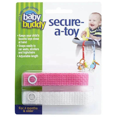 Secure A Toy Tether set in pink and white for keeping toys close; packaging shows usage and adjustable features.