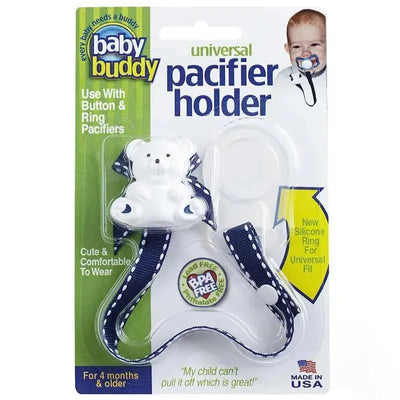 Universal pacifier holder by Baby Buddy, navy with bear design, BPA-free, suitable for 4 months and older.