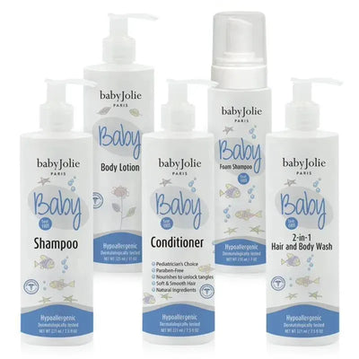 Baby Jolie Bath Set includes five bottles: Shampoo, Body Lotion, Conditioner, Foam Shampoo, and 2-in-1 Hair and Body Wash, all hypoallergenic.