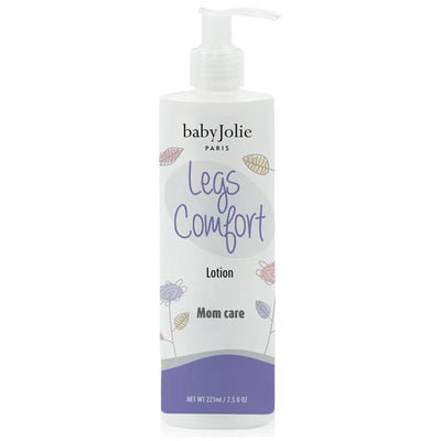Baby Jolie Legs Comfort lotion, 7.5 oz, designed for mom care with a floral design and a pump dispenser.