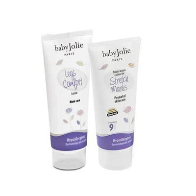 Mom Care Bundle from Baby Jolie, featuring Legs Comfort and Stretch Marks lotions, both hypoallergenic and designed for prenatal skincare.