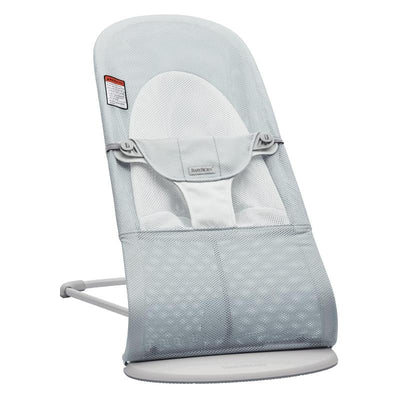 Bouncer Balance Soft Mesh in silver and white, featuring a soft mesh fabric and ergonomic design for infant comfort.