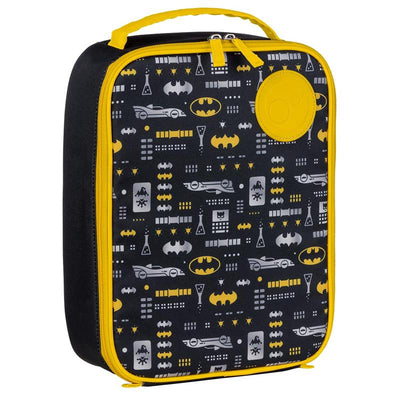 Batman-themed insulated lunch bag featuring a black background with yellow and gray graphics of bats, vehicles, and icons.