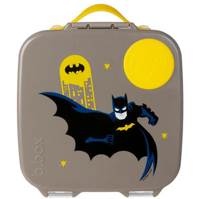 Batman-themed bento lunchbox featuring a graphic of Batman in action against a city skyline backdrop and a yellow handle.