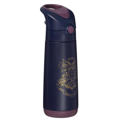 Harry Potter insulated drink bottle in navy, featuring a gold Hogwarts crest and purple lid, holds 500ml.