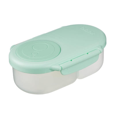 Snack box for kids and toddlers in spearmint color, featuring a secure lid and transparent compartment.