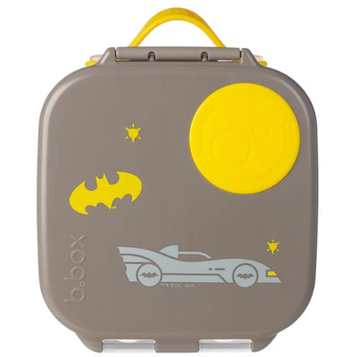 Bbox Batman mini lunch box features a gray exterior with yellow accents, displaying Batman logos, a batmobile, and stars.