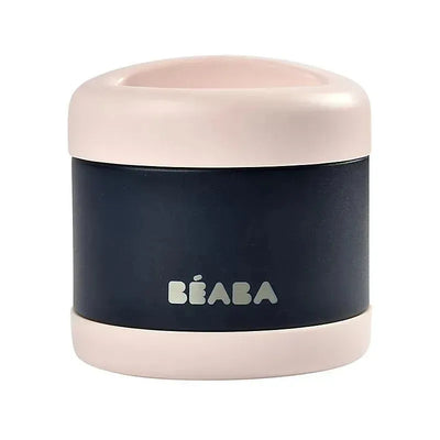 Stainless steel jar by Beaba, 16 oz, in midnight blue with a soft pink lid and the Beaba logo visible.
