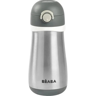 Stainless steel kids water bottle by Béaba in charcoal color, featuring a gray lid and a secure button opening.