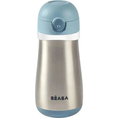 Stainless steel kids water bottle by Béaba, featuring a light blue lid and a sleek silver body.