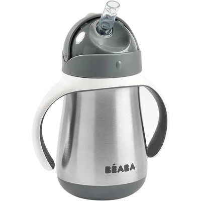 Stainless steel straw sippy cup by Beaba in charcoal color with ergonomic handles and a clear silicone straw.