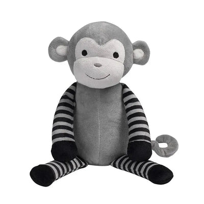 Plush grey monkey toy with black and white striped arms, smiling face, and curled tail, designed for infants.