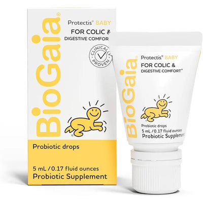 BioGaia Protectis Baby Drops 5ml for colic and digestive comfort, with packaging and product label visible.