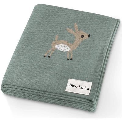 100% luxury cotton receiving swaddle blanket by Bleu La La, featuring a playful deer design on a mint green background.