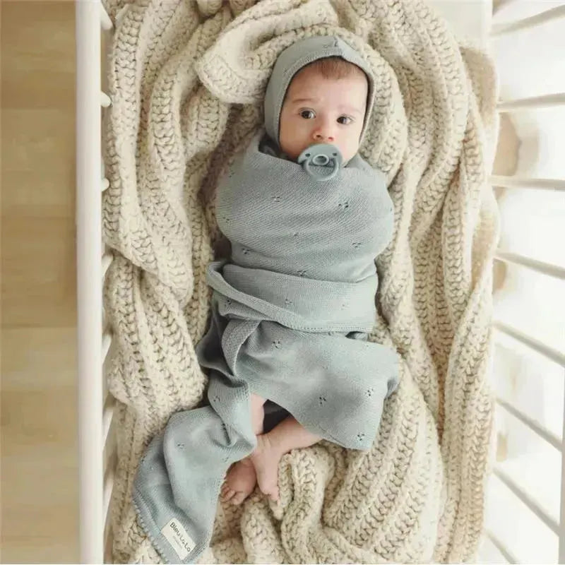 Bleu La La - 100% Organic Cotton Luxury Organic Blanket + Bonnet Hat Set, Beige Image 9