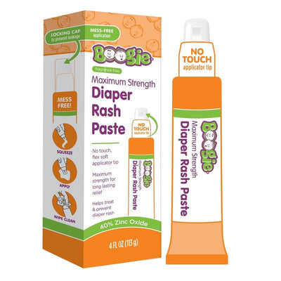 Boogie Wipes Maximum Strength Diaper Rash Paste, 4 oz tube with no-touch applicator, featuring a locking cap and mess-free design.