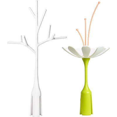 Boon STEM and TWIG baby bottle drying rack accessories in white and lime green.