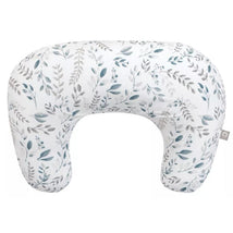 Boppy Nursing Pillow in beige foliage design, featuring a curved shape and plant illustrations in gray and teal.