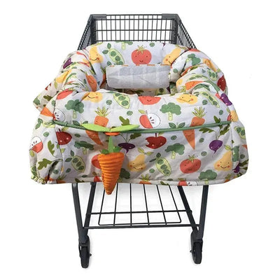 Boppy Shopping Cart & High Chair Cove with a colorful vegetable pattern, designed for cushioning in shopping carts.