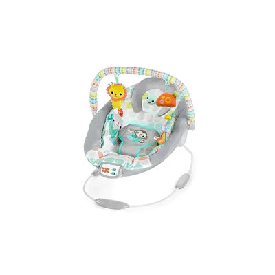 Bright Starts Whimsical Wild Cradling Bouncer in gray, featuring colorful animal toys and a soft, patterned seat.