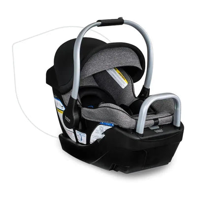 Britax Willow SC Infant Car Seat in rear-facing position with a grey fabric cover and safety harness.