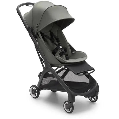 Compact Bugaboo Butterfly stroller in black and forest green, featuring a padded seat and protective canopy.