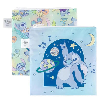 Large snack bags featuring Stitch from Disney, colorful patterns with planets, stars, and playful designs.