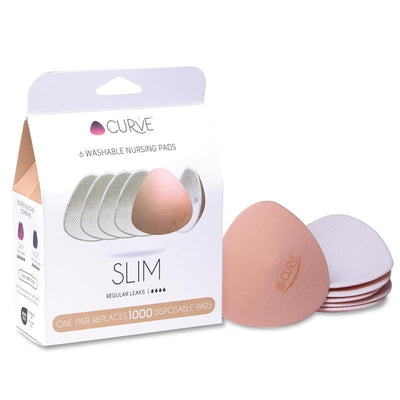 Slim reusable nursing pads in a box, featuring six pads designed for regular leaks, in various colors.