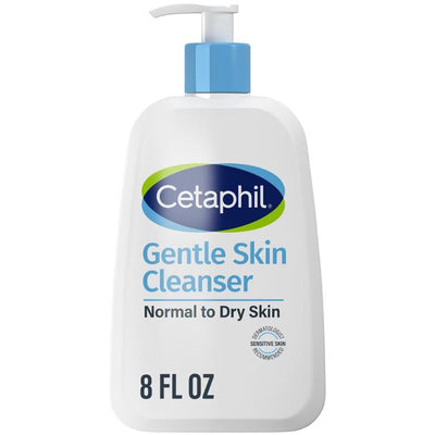 Cetaphil Gentle Skin Cleanser bottle, 8 fl oz, designed for normal to dry skin, features a pump top and sensitive skin label.