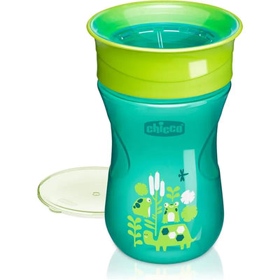 Sippy cup by Chicco in green, featuring a rimless design and colorful animal graphics for 9 months and older.